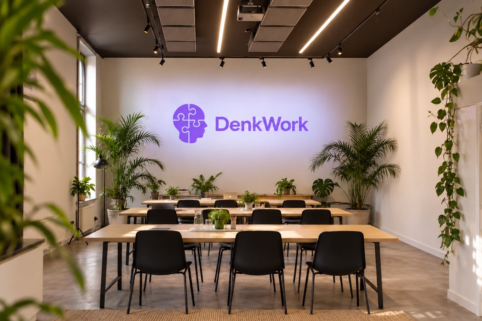 The bootcamp room: long tables and chairs, plants, daylight, and the DenkWork logo lit up on the back wall.